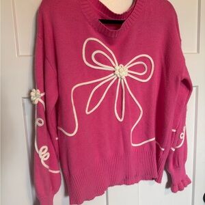 Vibrant Pink Sweater with White Ribbon bow Accents Women’s size M/, very soft
